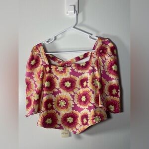 Free People Floral Pink and Yellow Crop Top